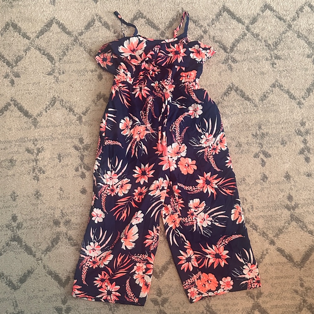Tropical Floral Kids Romper - Navy and Coral